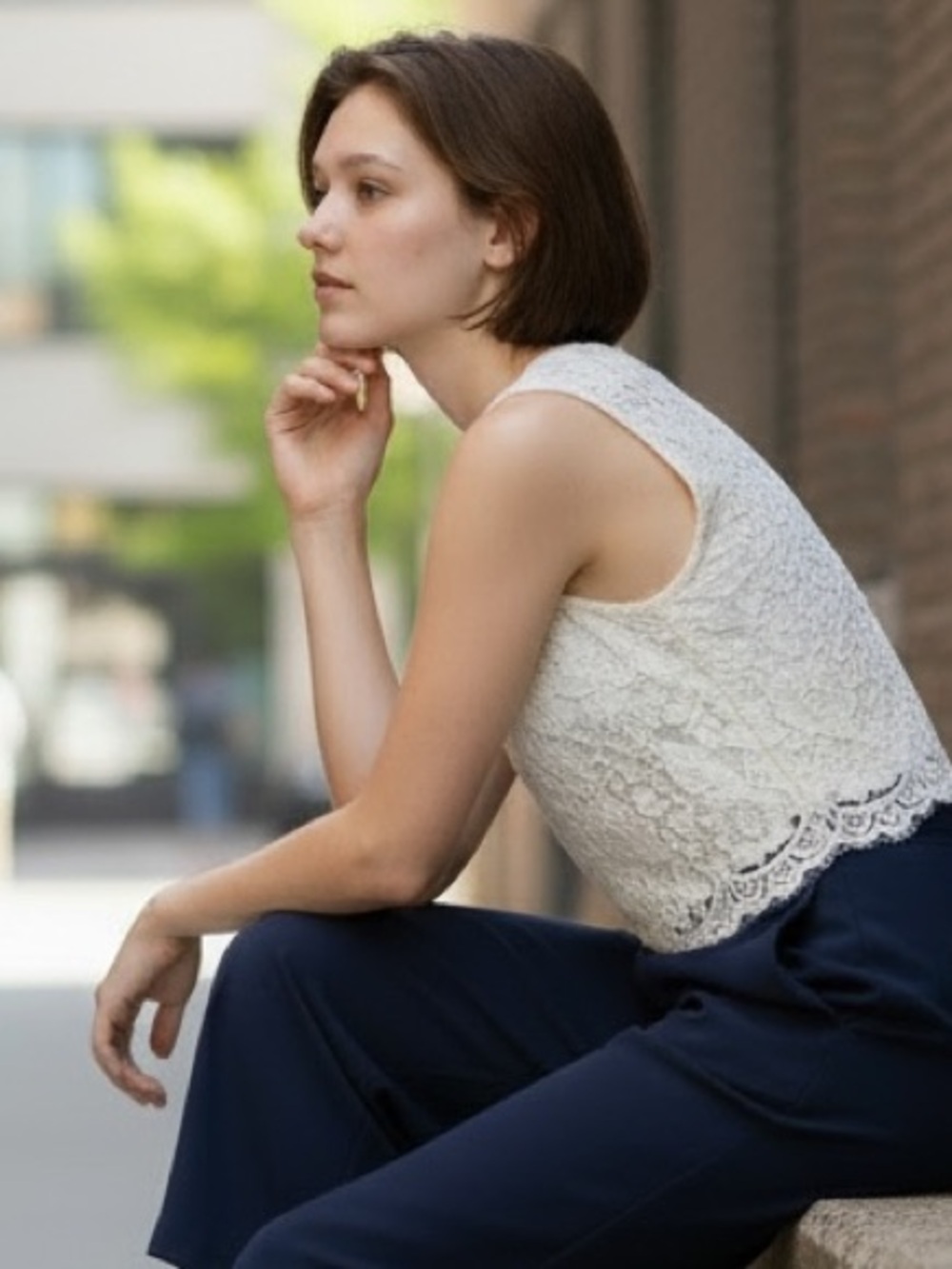 Karl Lagerfeld White Lace Crop Top Jumpsuit with Navy Capris
